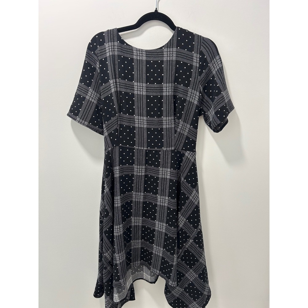 Elle Womens XL Black White Plaid Polka Dot Handkerchief Hem Fit Flare Dress